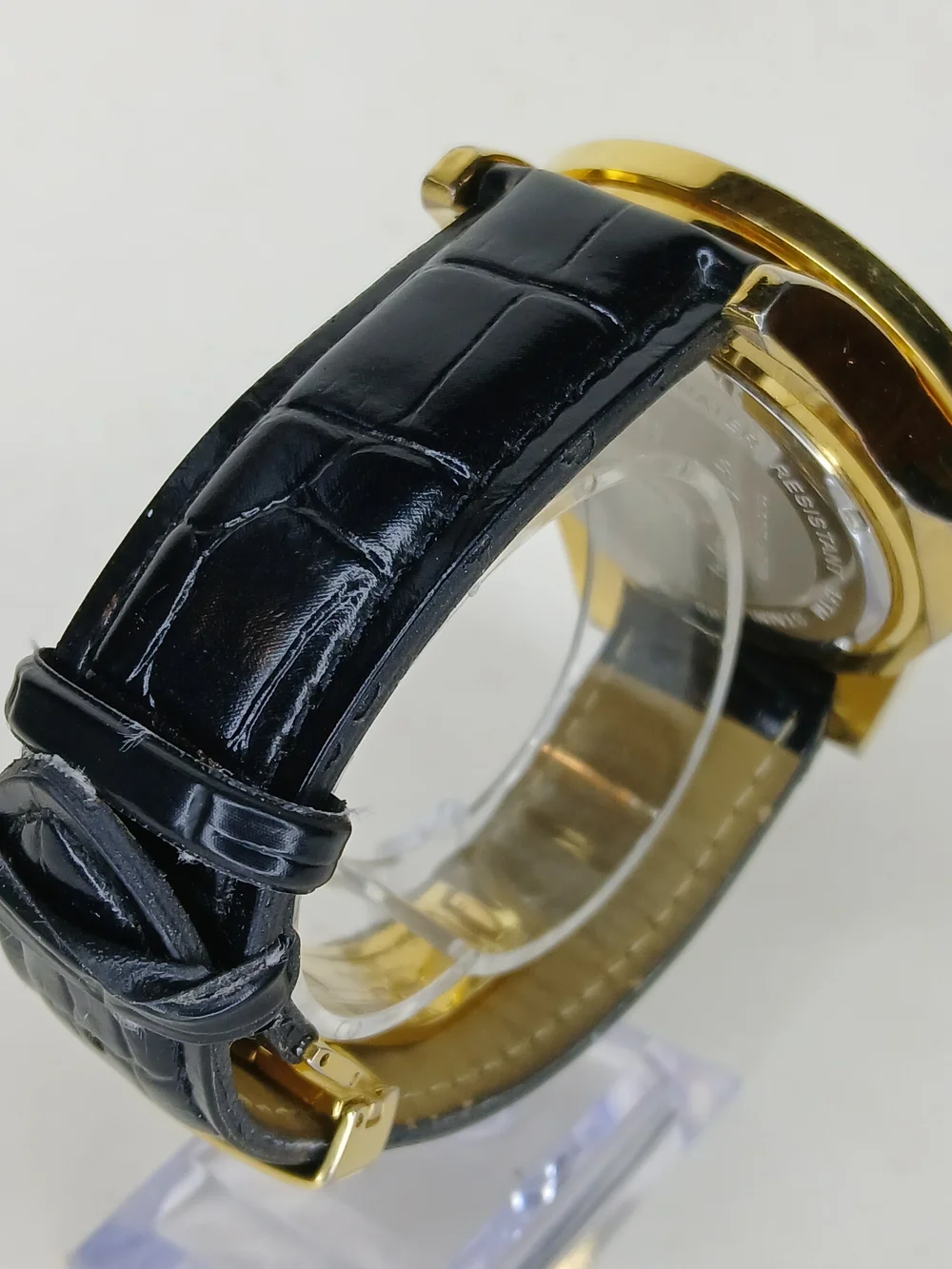 Techno Royale Mens Watch Gold Tone Case Genuine Diamond Bezel Black Leather...